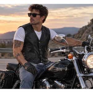 Hot Leathers Mens XL Black Genuine Leather Motorcycle Vest‎ Side Lace Biker